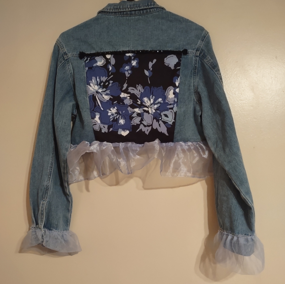 Denim Jacket with Sheer Ruffle Accents - Picture 4 of 4